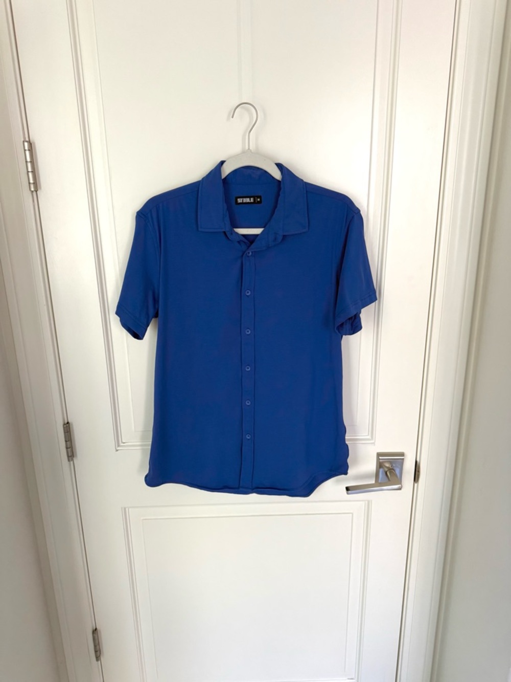 St33le Blue Short Sleeve Button Up Knit Shirt Men’s MEDIUM - SLIM